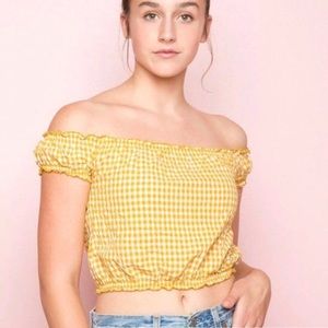 Brandy Melville Yellow Gingham Off Shoulder Top